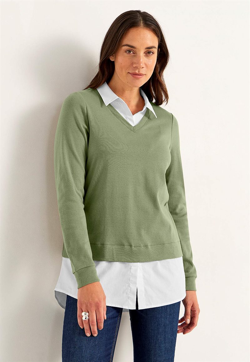 Trikåtopp med fastsydd skjortkrage 35428