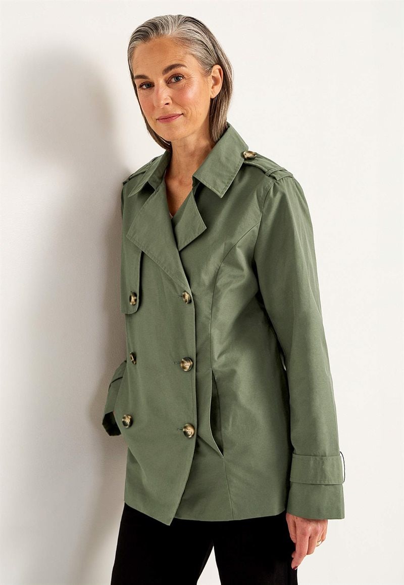 Dubbelknäppt, kort trenchcoat