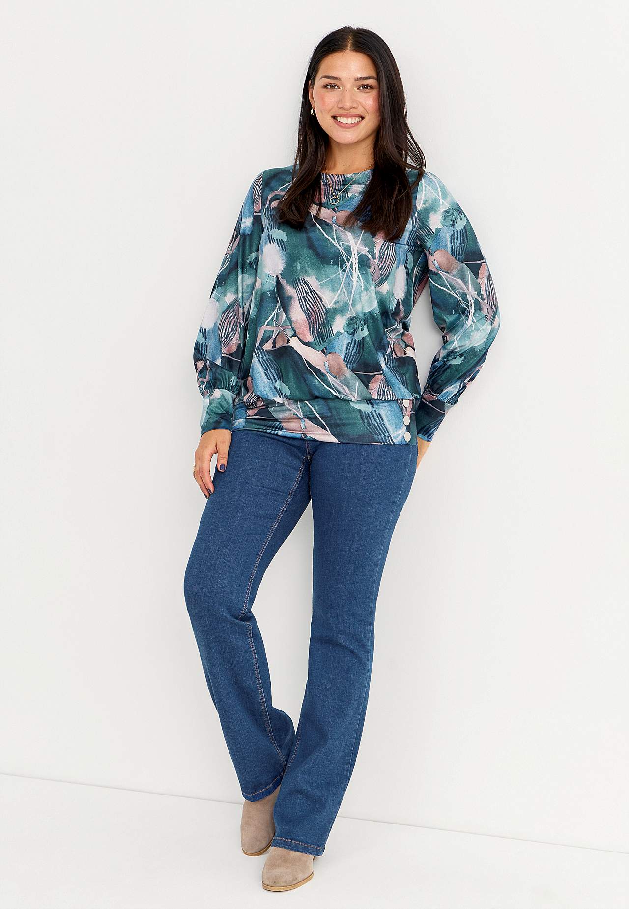 Mönstrad trikåtopp med knappdekor