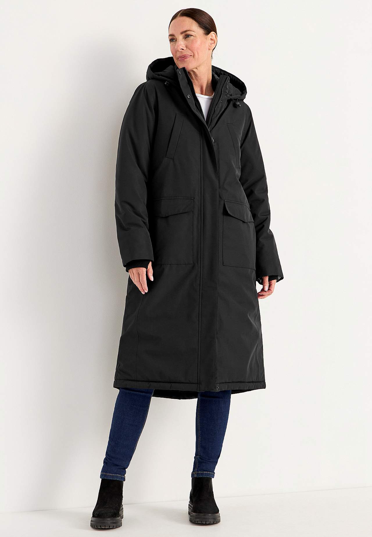 Funktionell, varmfodrad, lång parkas