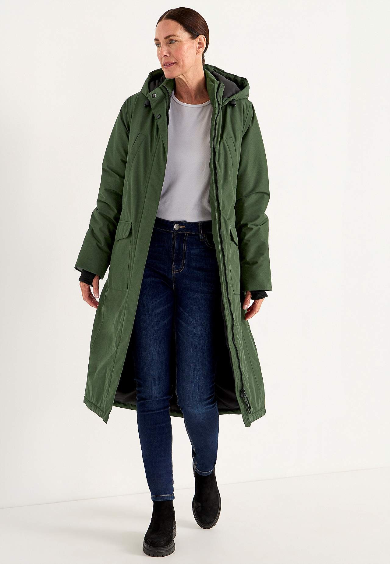 Funktionell, varmfodrad, lång parkas