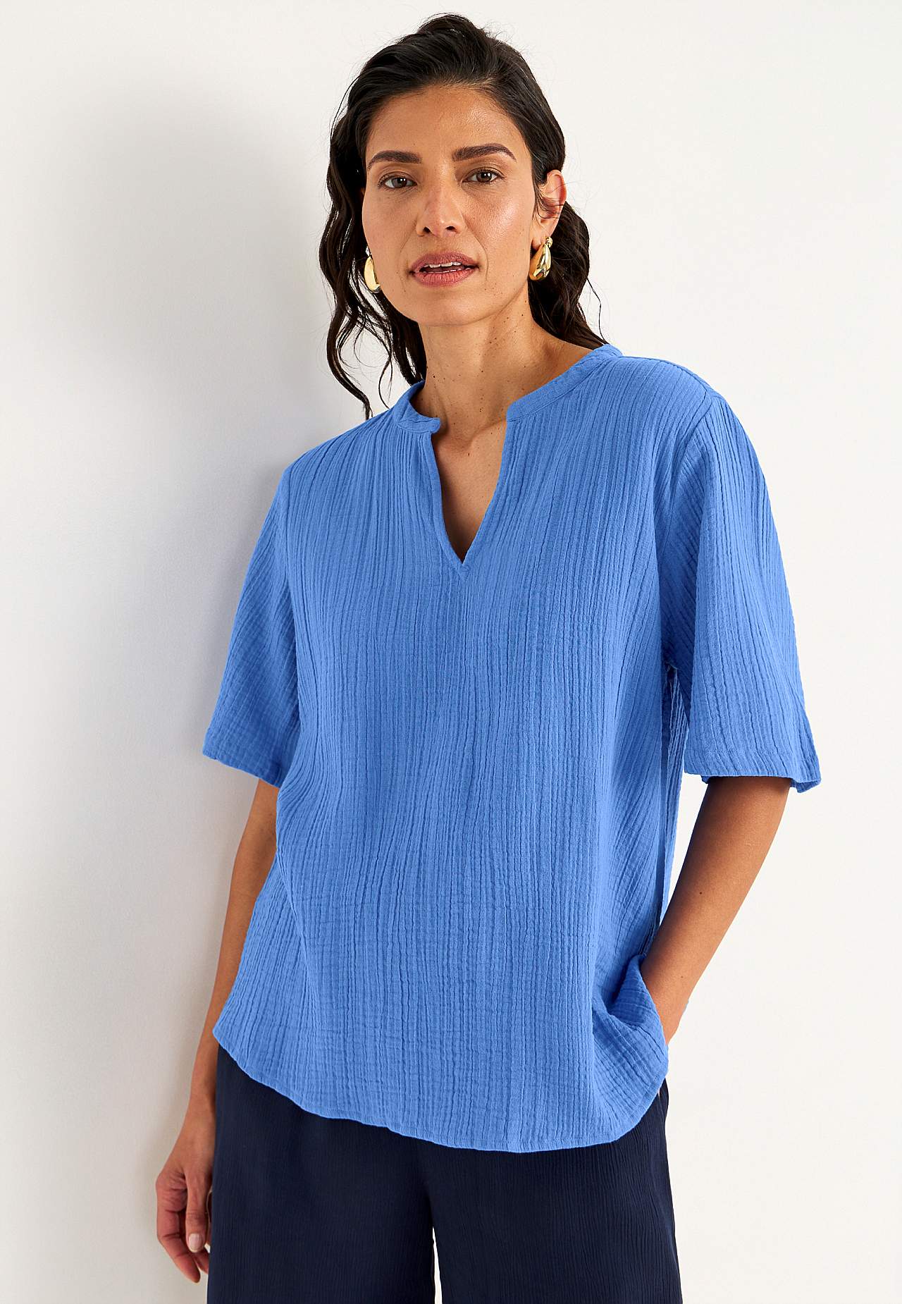 Blus i krinklad bomull