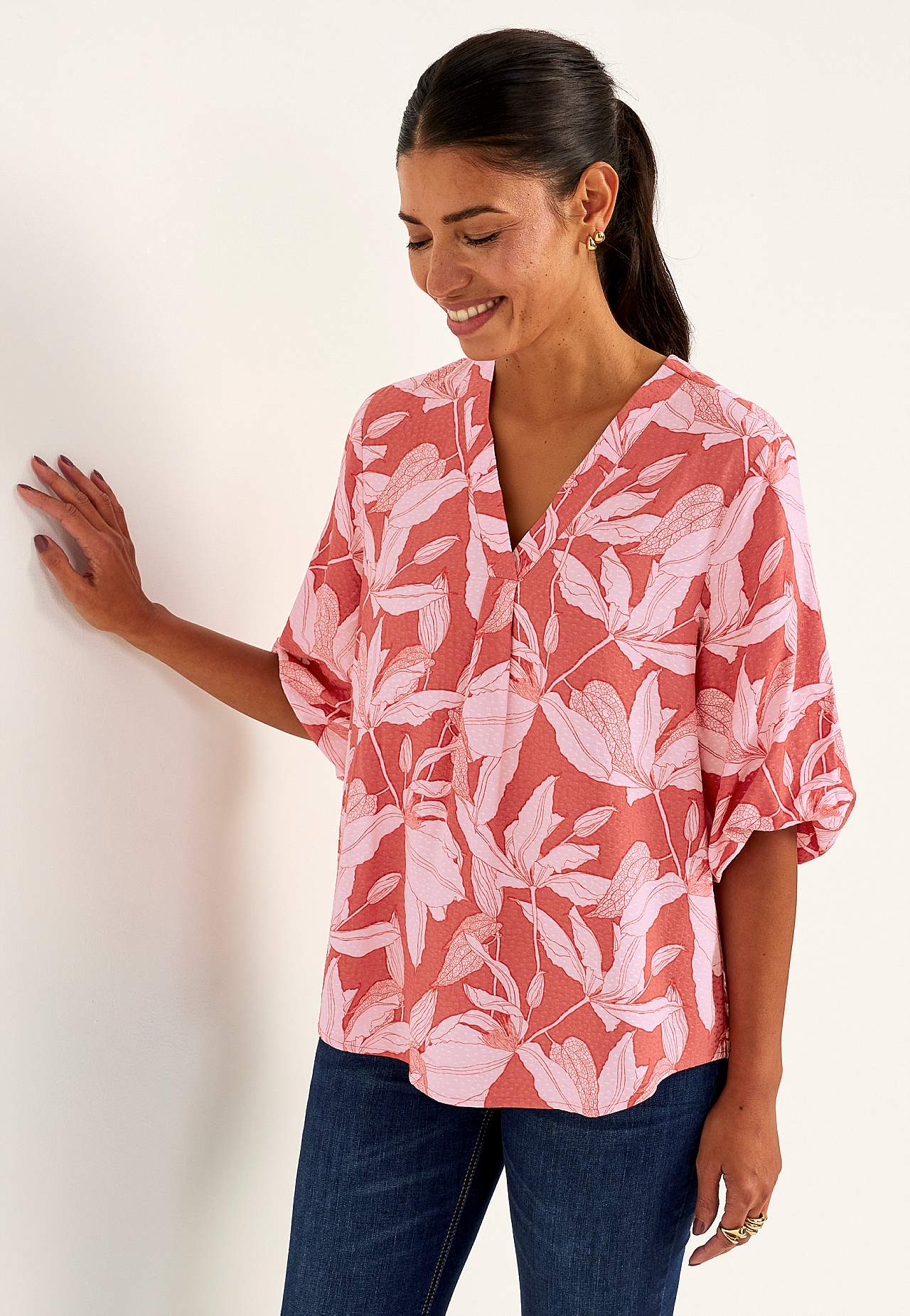 Vävd blus med puffärm