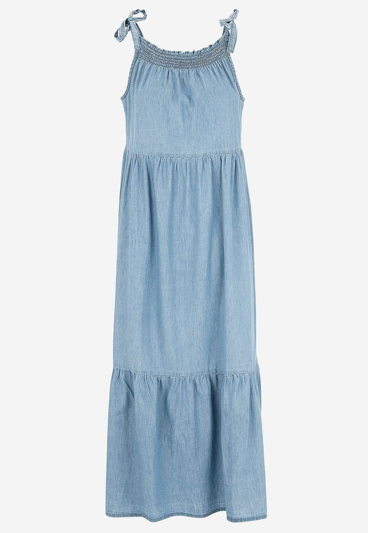 Mjuk jeansklänning med knytband
