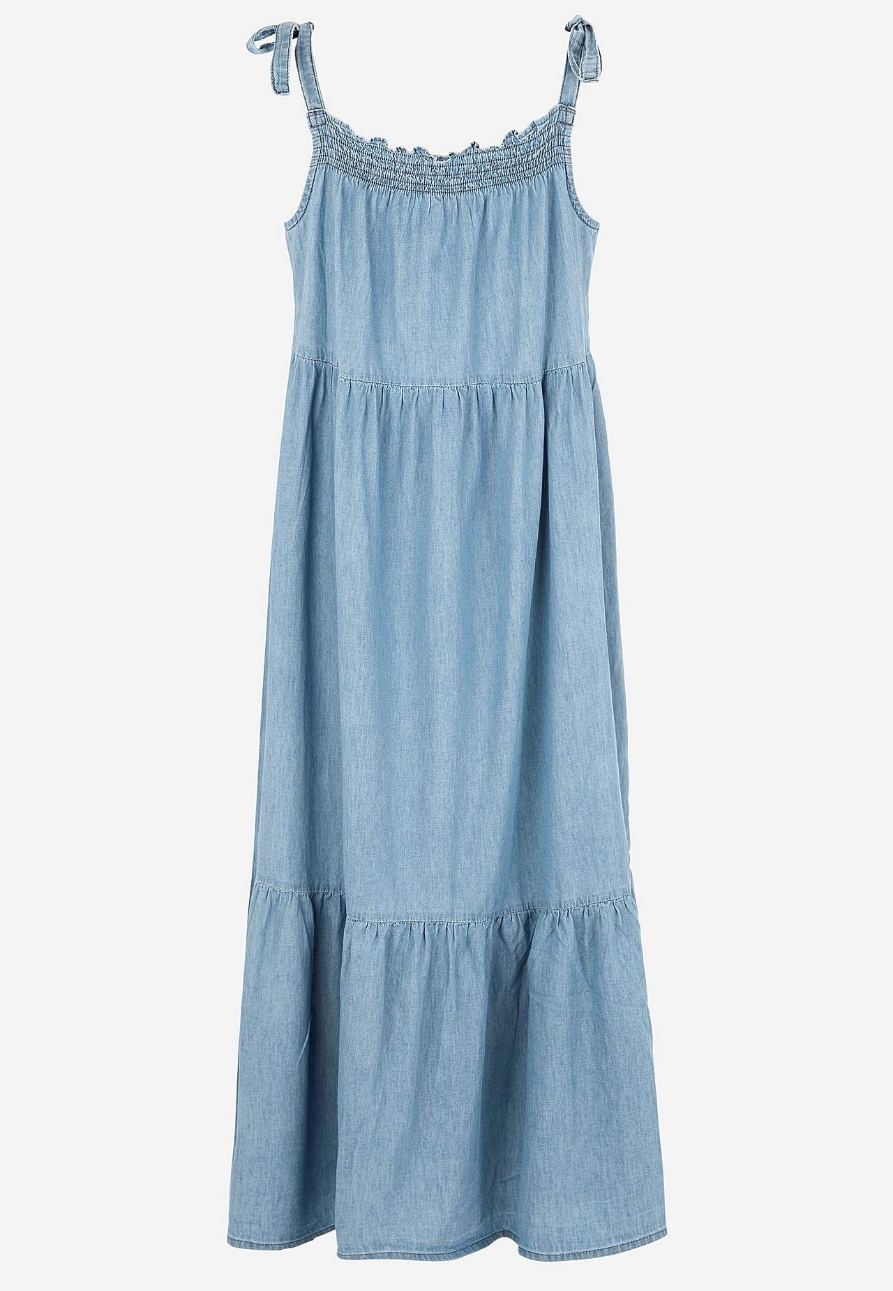 Mjuk jeansklänning med knytband