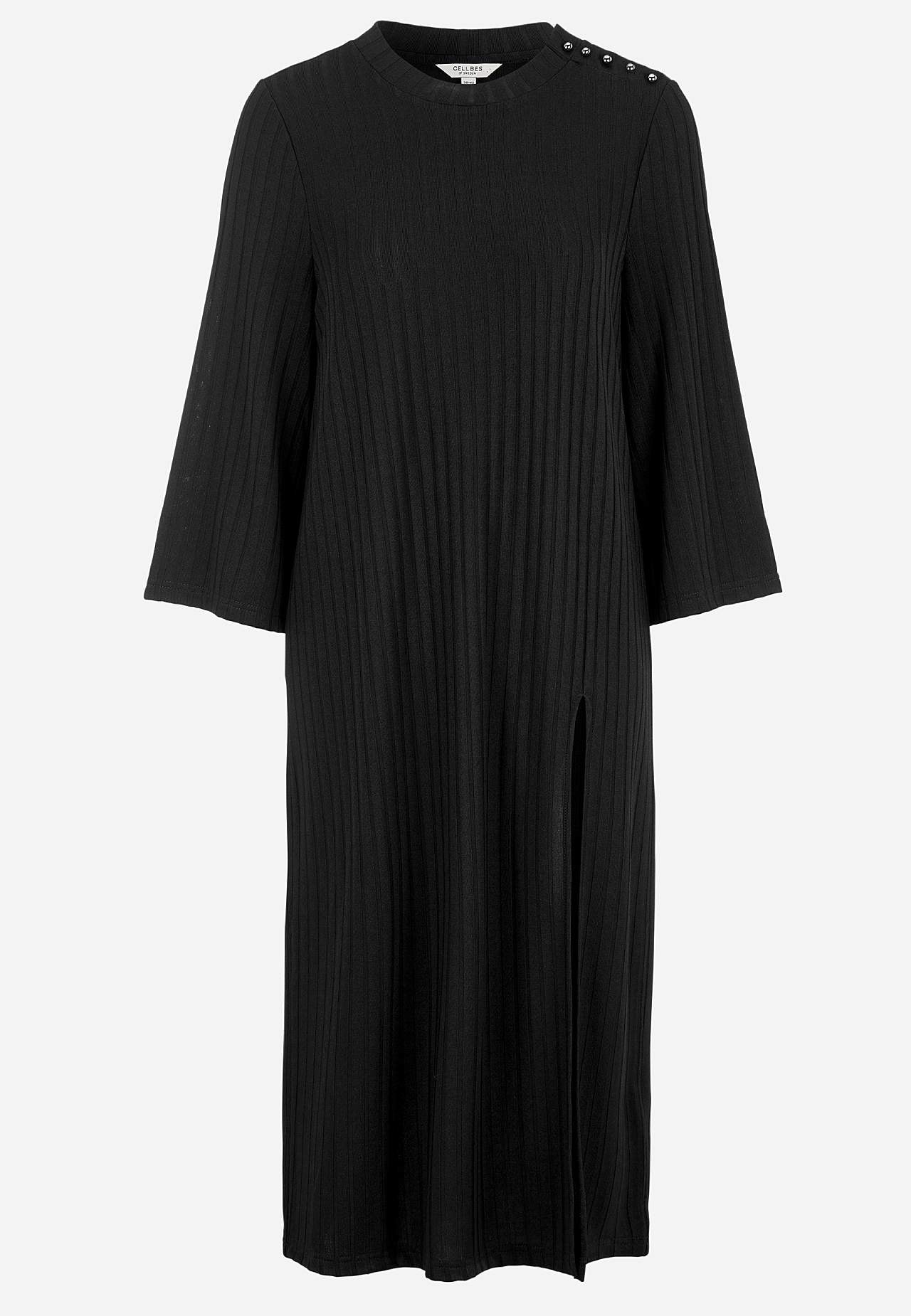 Ribbad trikåklänning med hög slits