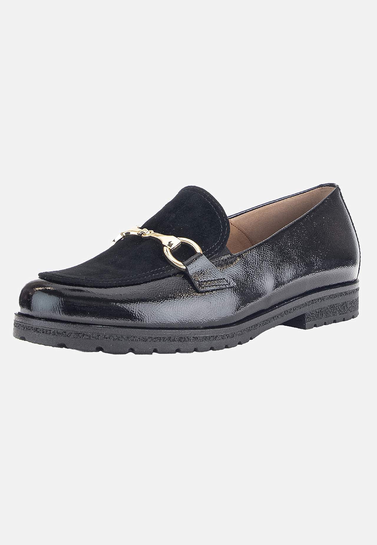 Lackad skinnloafer med guldspänne