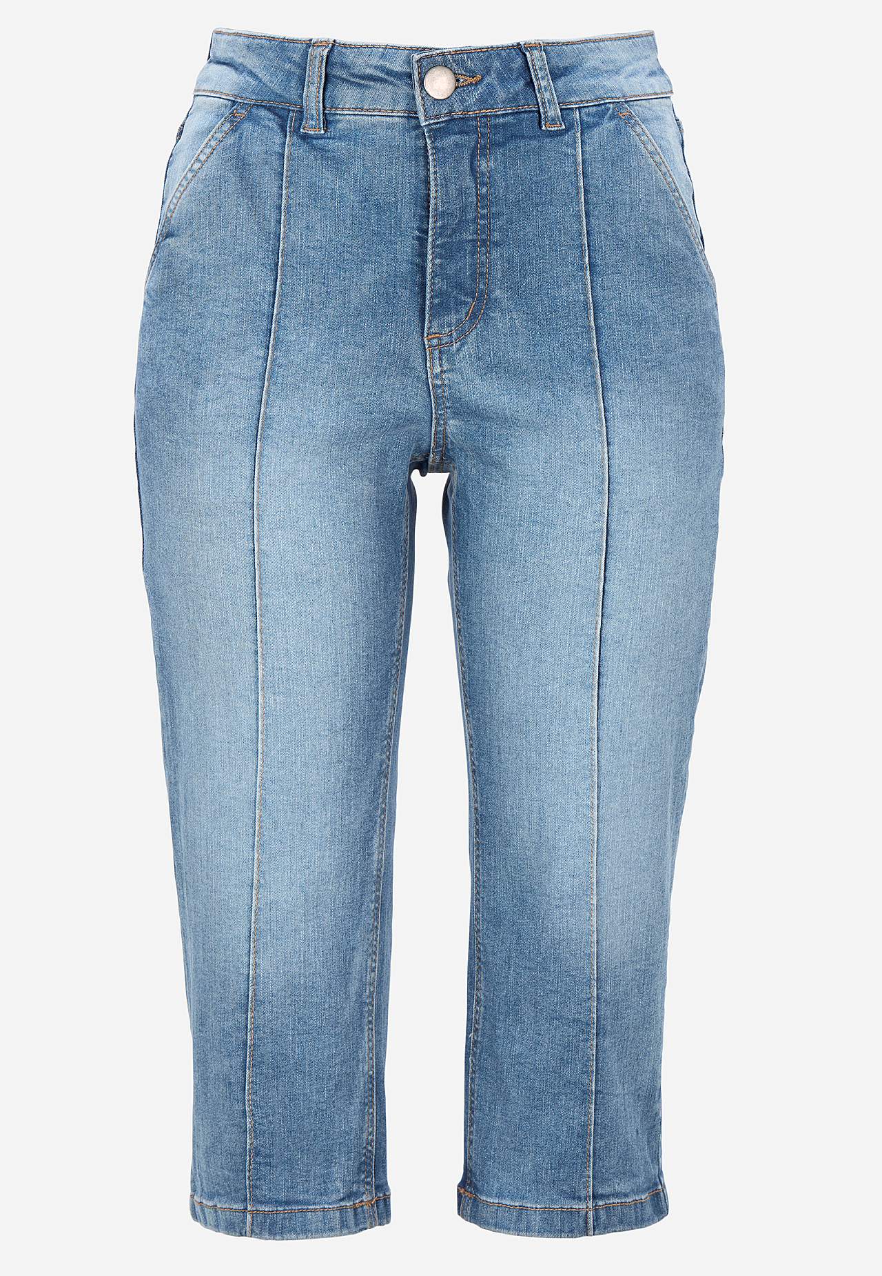 Stretchiga caprijeans med sytt pressveck